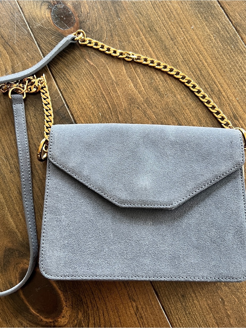 Ann Taylor grey suede envelope crossbody bag with gold chain